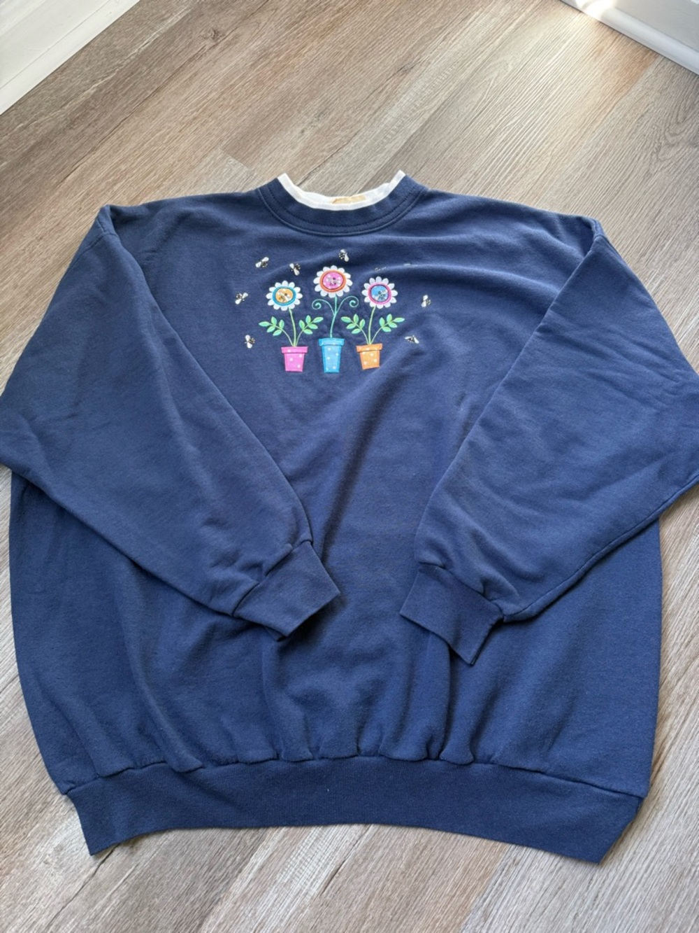 VTG Grandma Sweater Crewneck Hippie Boho Flowers Cottage Core Navy Blue Size 2X